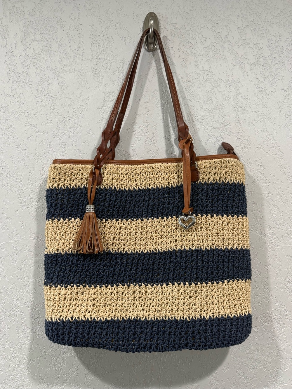 Brighton Striped Crochet Tote Bag with Leather Handles - Navy and Natural